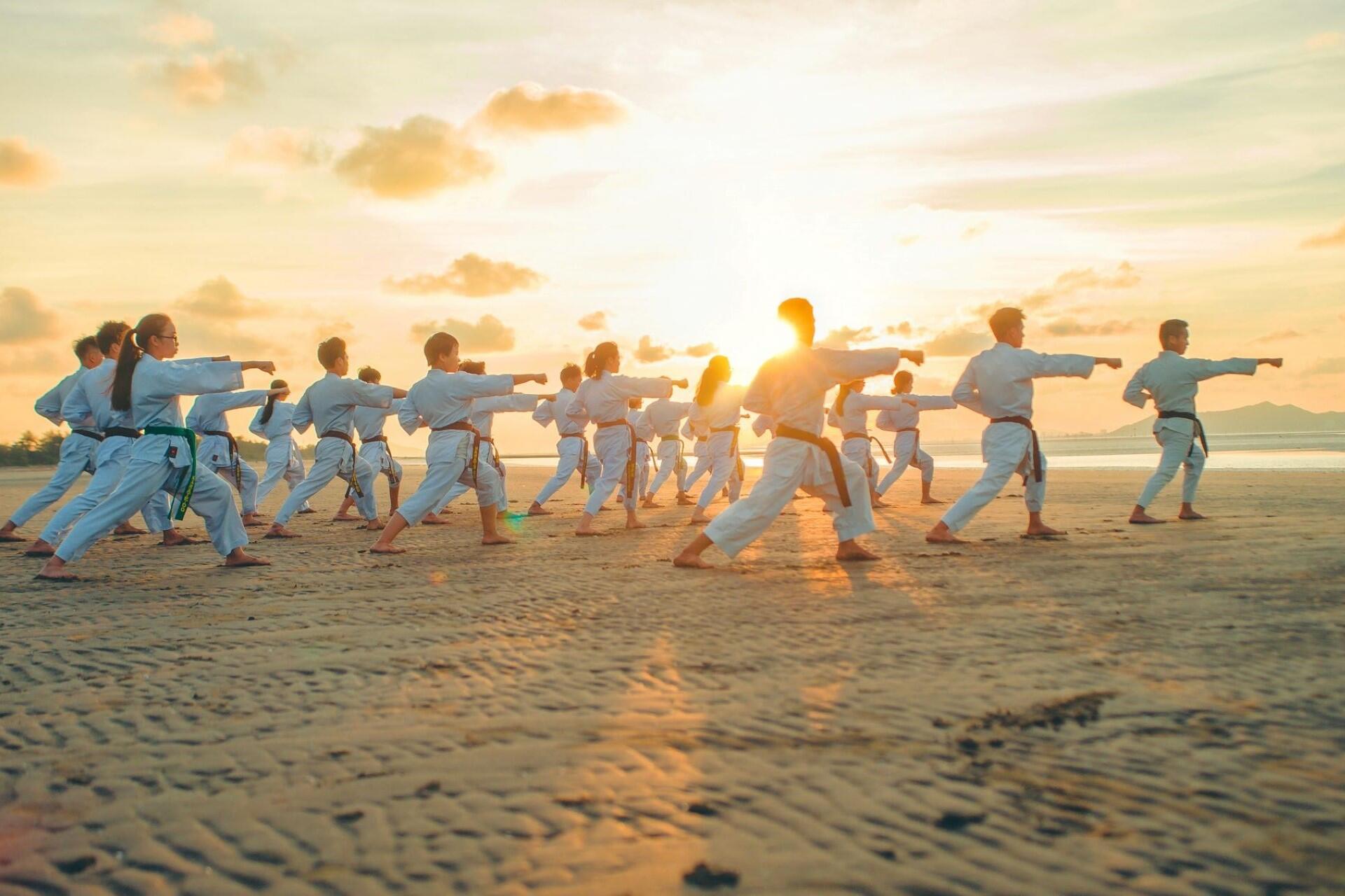 Several martial artists on a beach.