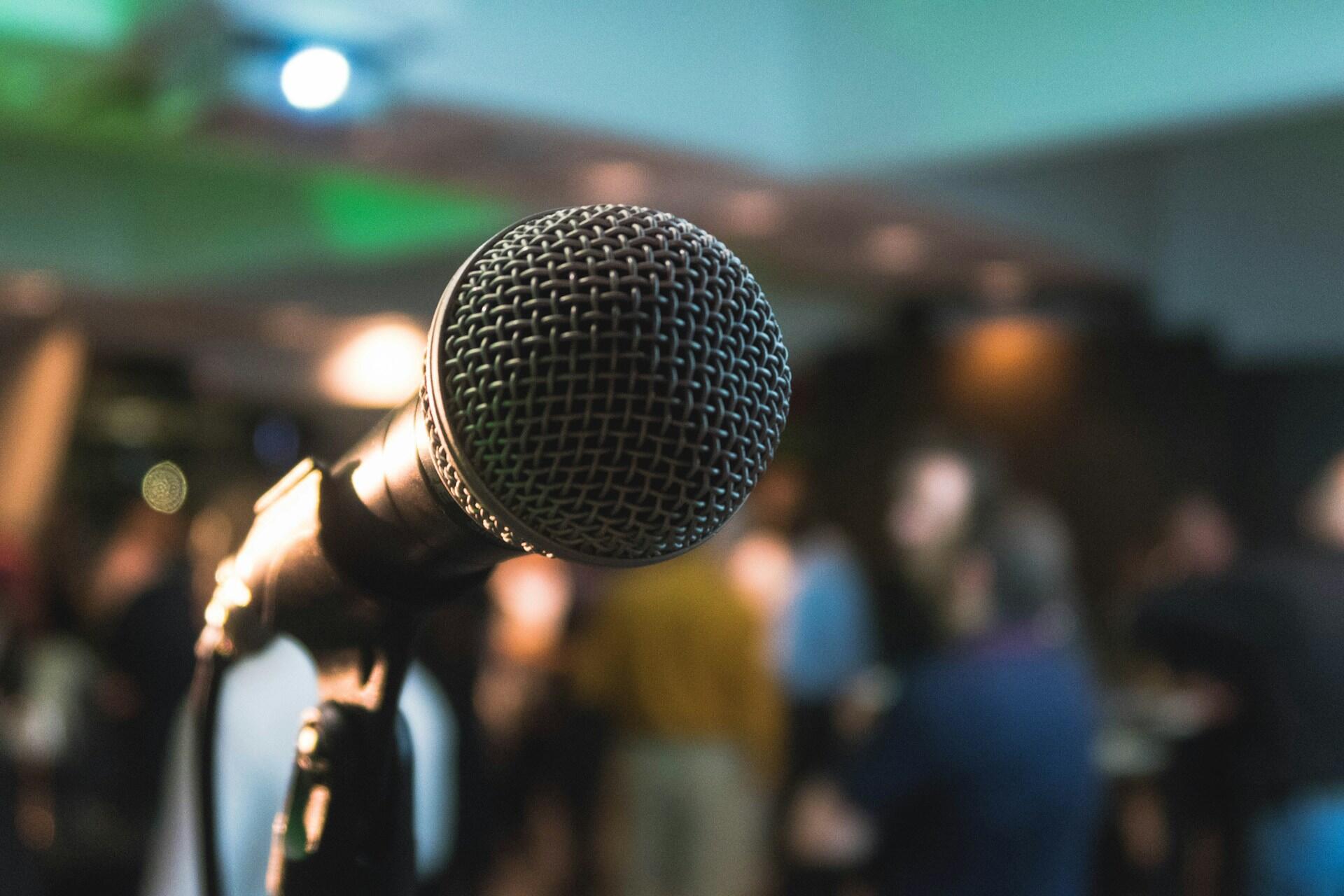 A microphone on a stage.