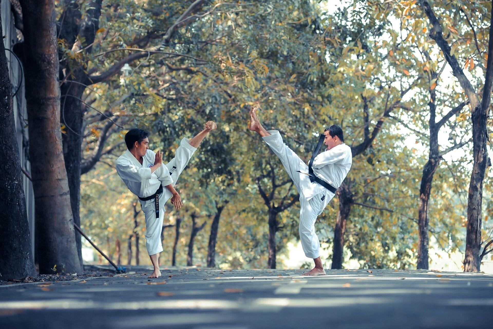 Two people doing taekwondo outside.