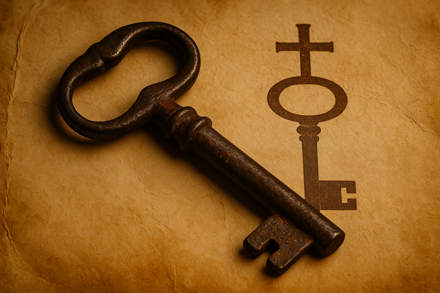 A key on an ancient card as a symbol of the rite of conclave.
