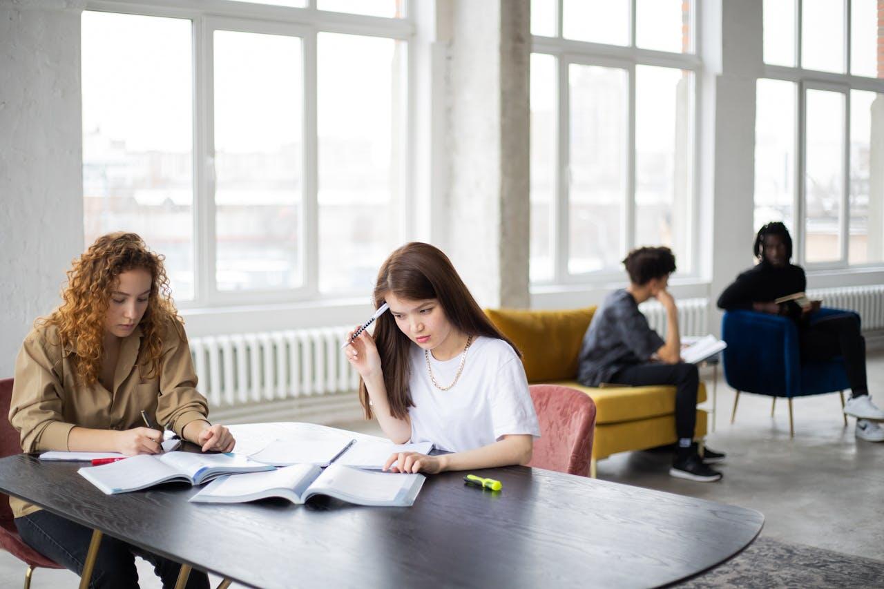 Two students study at a large table with books and notes, while others read comfortably in colorful chairs against a bright window backdrop.