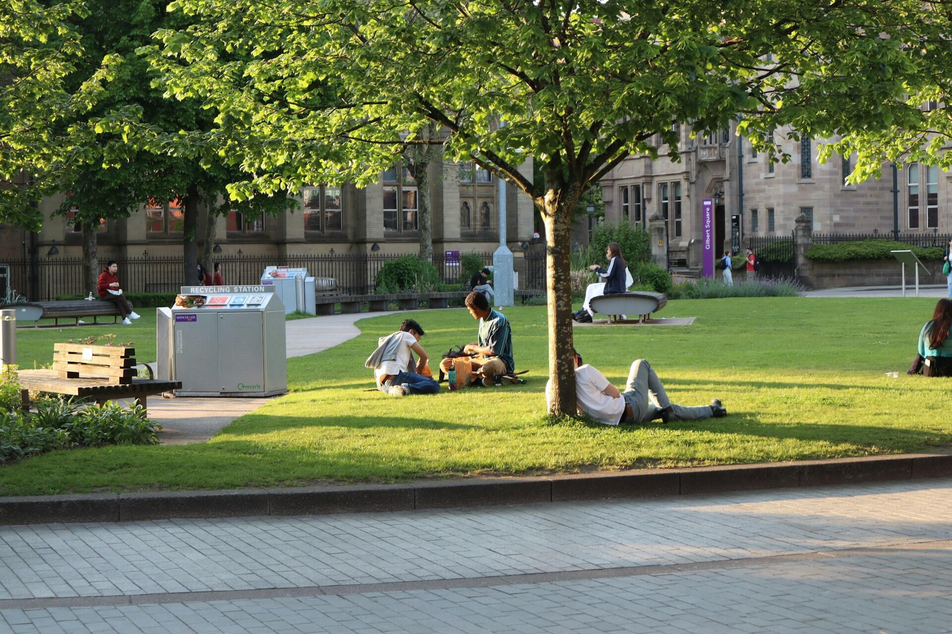 A large green space with people on the lawn on a sunny day.