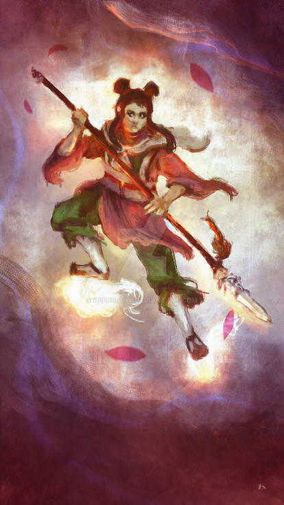 A painting depicting a woman holding a sword, showcasing her strength and determination.
