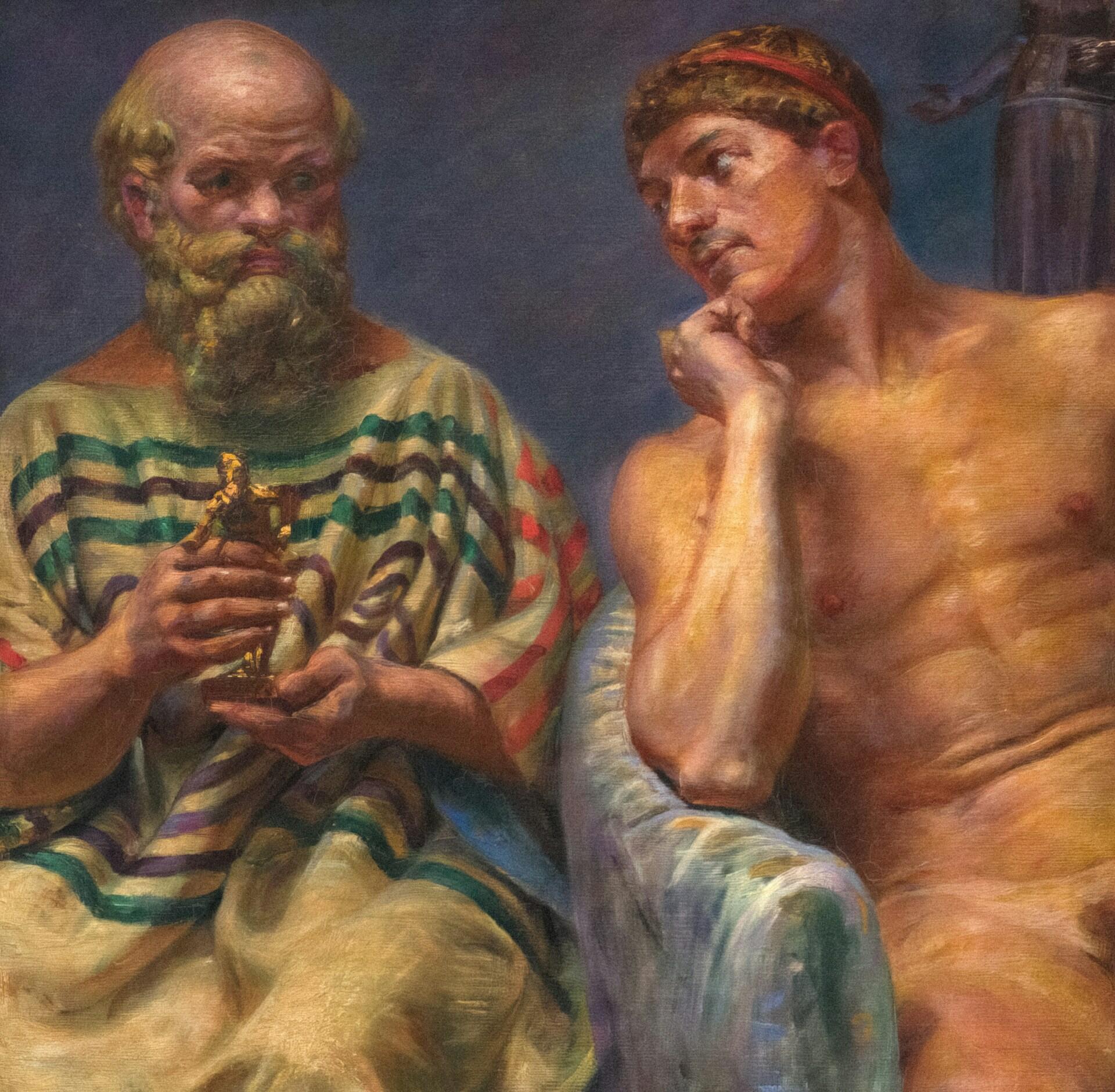 A painting depicting two men, one resembling Socrates, sitting together on a couch in a contemplative pose.