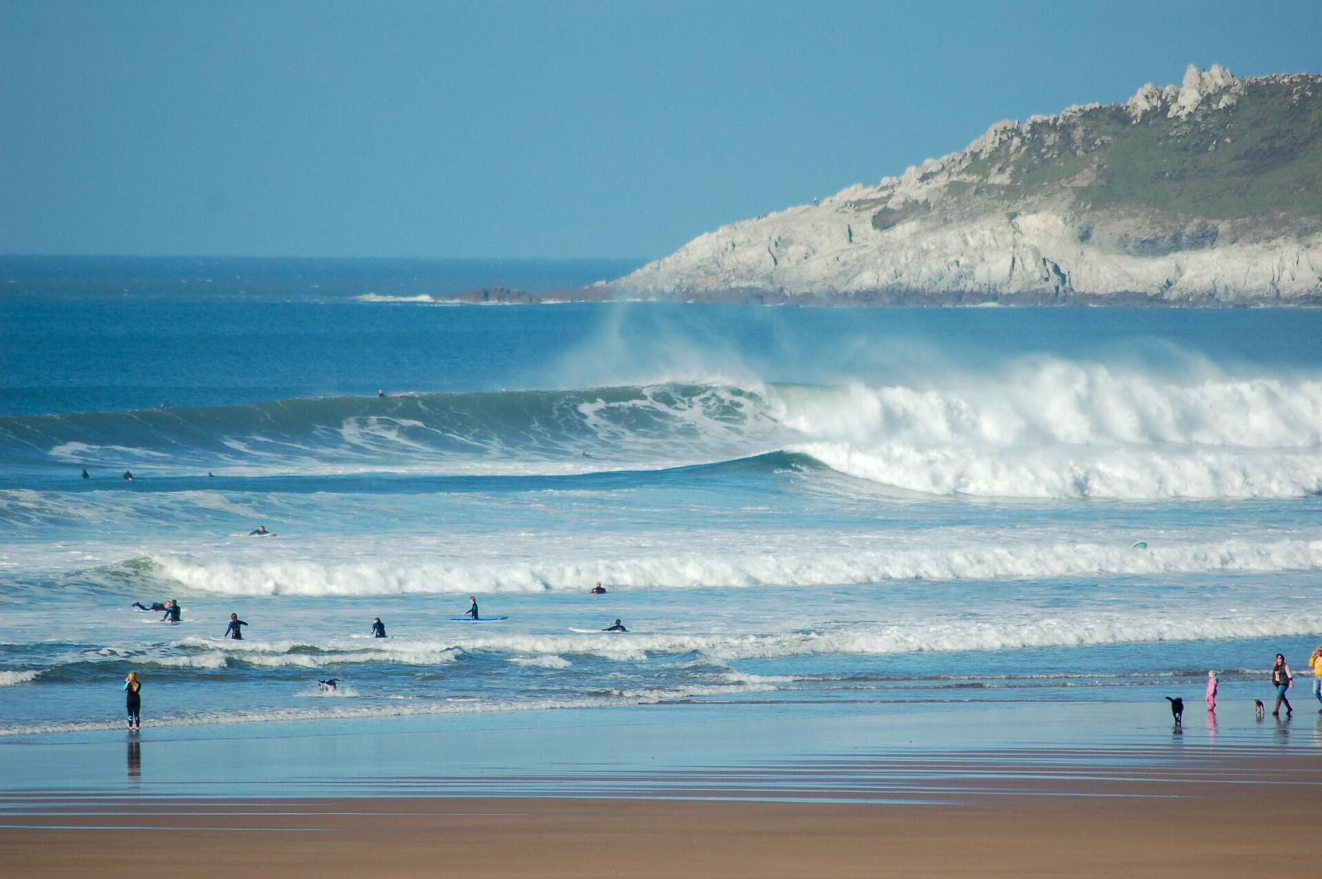 Surfers ride waves at a beach with a rocky coastline, while people stroll along the wet sand and dogs play by the shore.