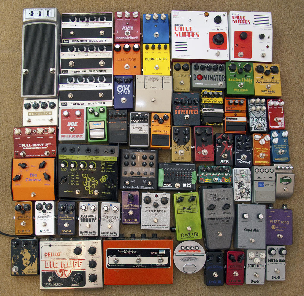 A pedal board hosts many many different guitar tones.