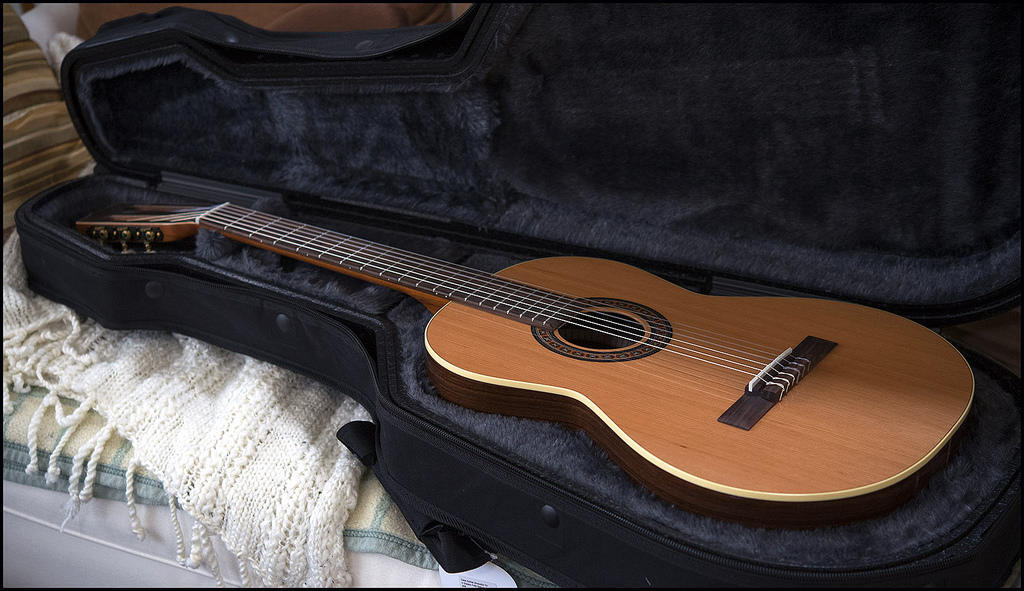 A classical guitar in its case. 