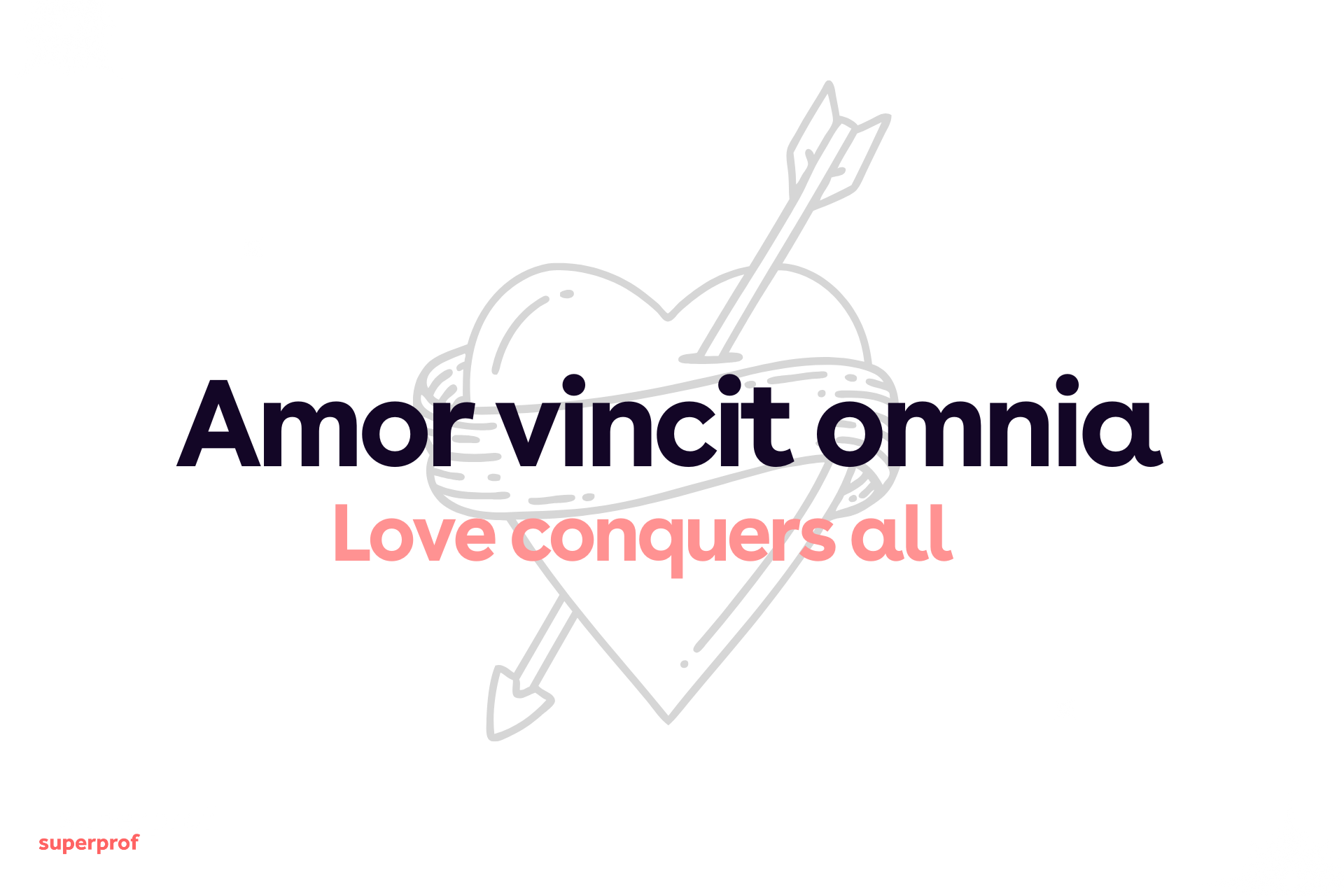 Latin quote reading "amor vincit omnia" with a heart image in the background and the english translation "love conquers all"