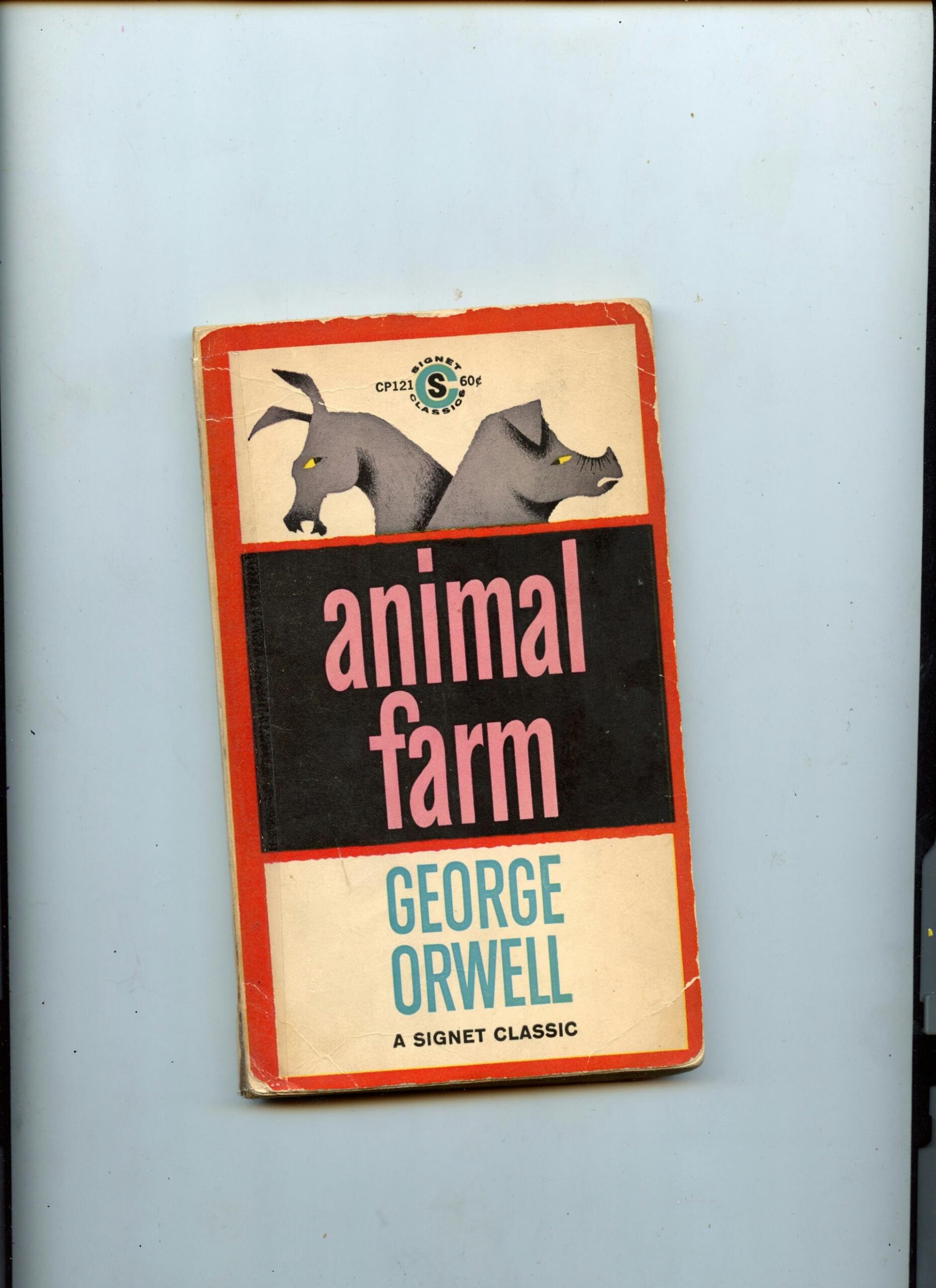 Cover of George Orwell's "Animal Farm," featuring illustrations of a donkey and pig, with a bold black and pink title design.