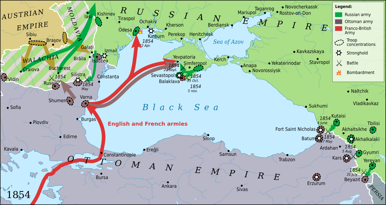 Map of the Black Sea region in 1854, showing troop movements of the Russian, Ottoman, and Franco-British armies during the war.