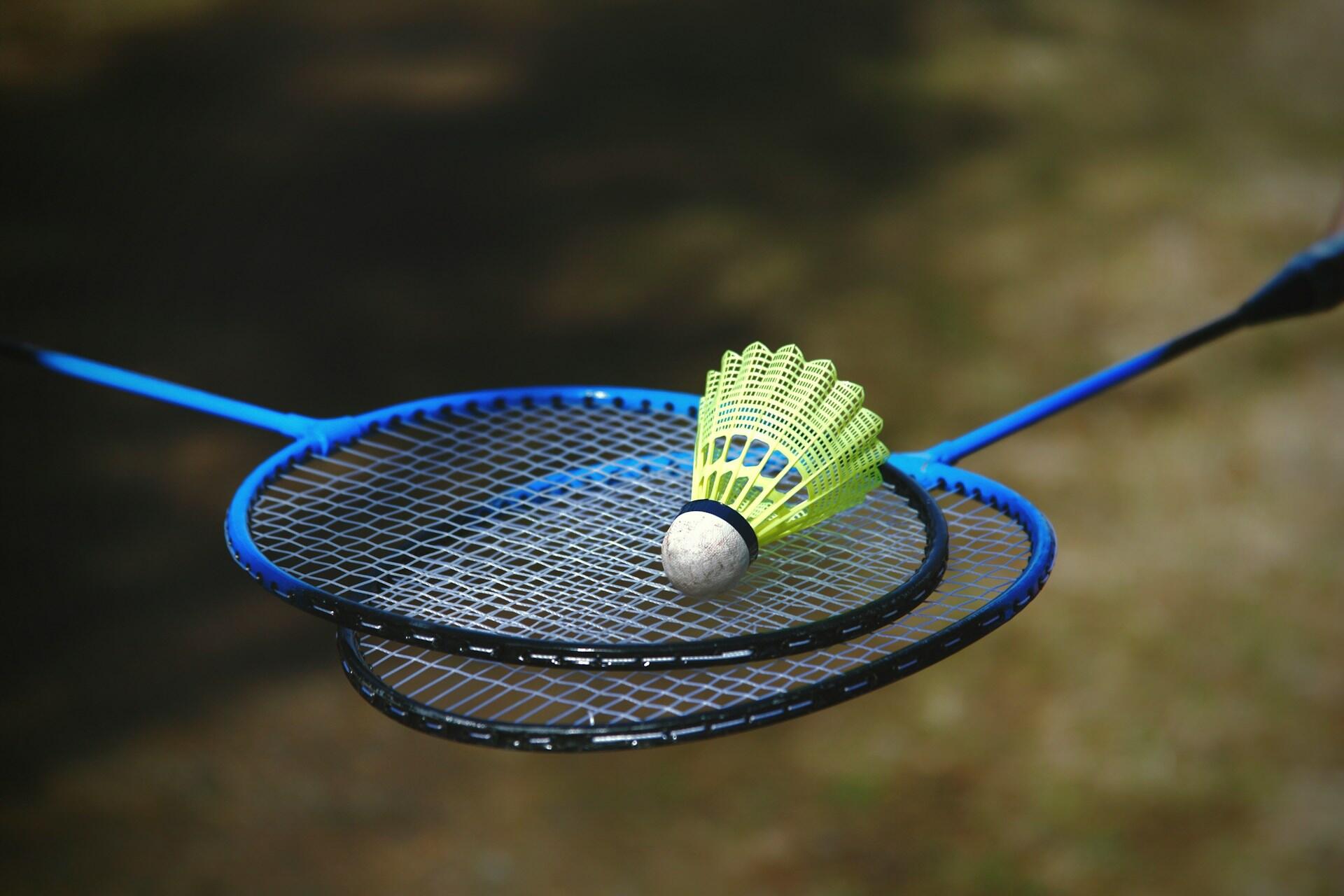 Two blue badminton rackets with a shuttle laying on them.