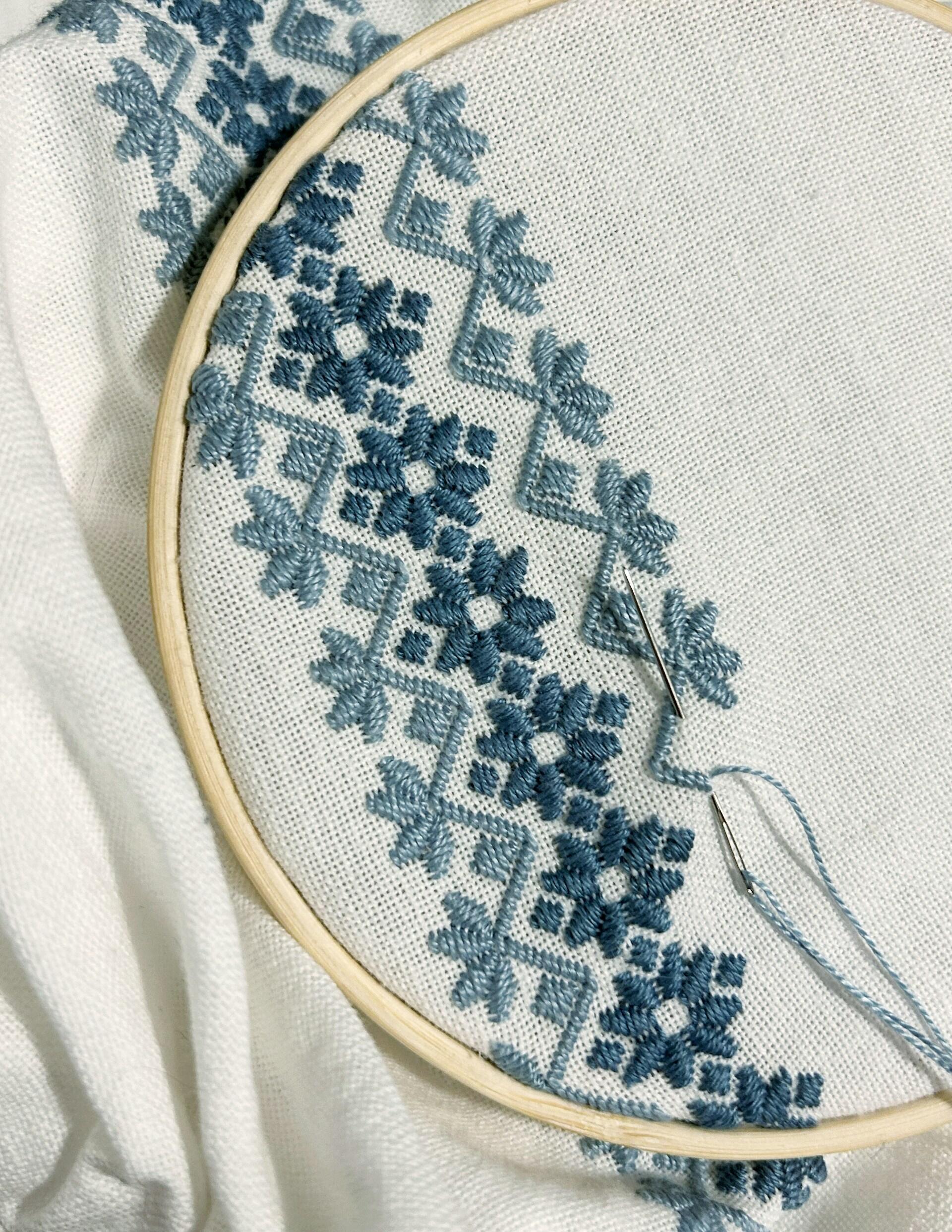 An embroidery hoop holds intricate blue floral patterns on white fabric, with a needle and thread in the foreground.
