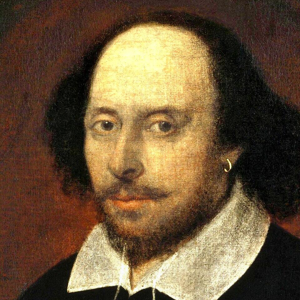 A historical portrait featuring a figure with curly dark hair, wearing a white collar, set against a dark background.