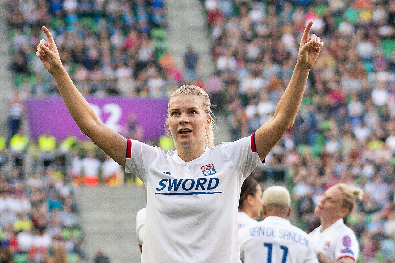 Ada Hegerberg celebrating her third goal in the UEFA Women's Champions League match 2019 