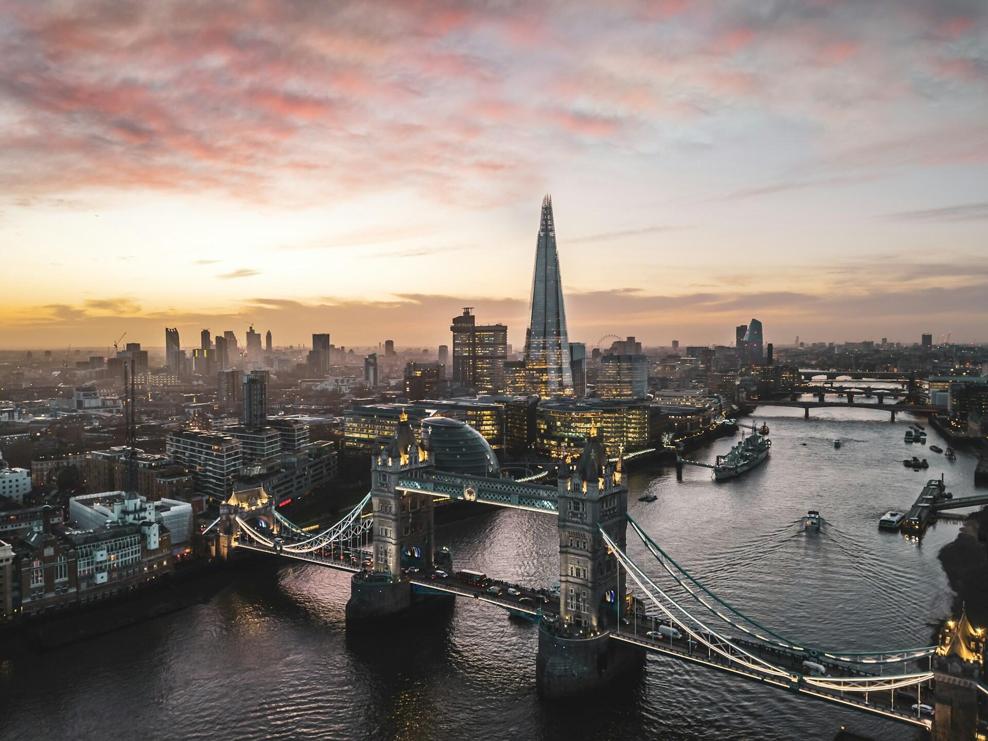 An aerial view of London at sunrise.