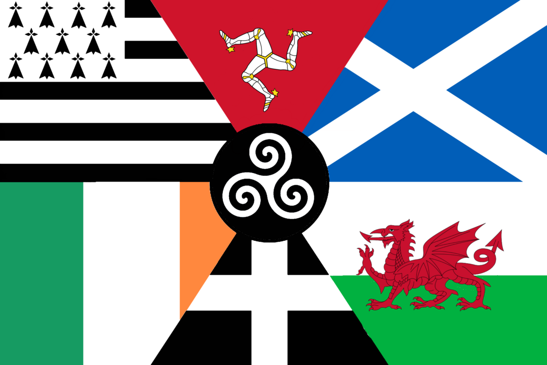 A graphic featuring the flags of Brittany, Isle of Man, Scotland, Cornwall, Ireland, and Wales, surrounding a central triskelion symbol.