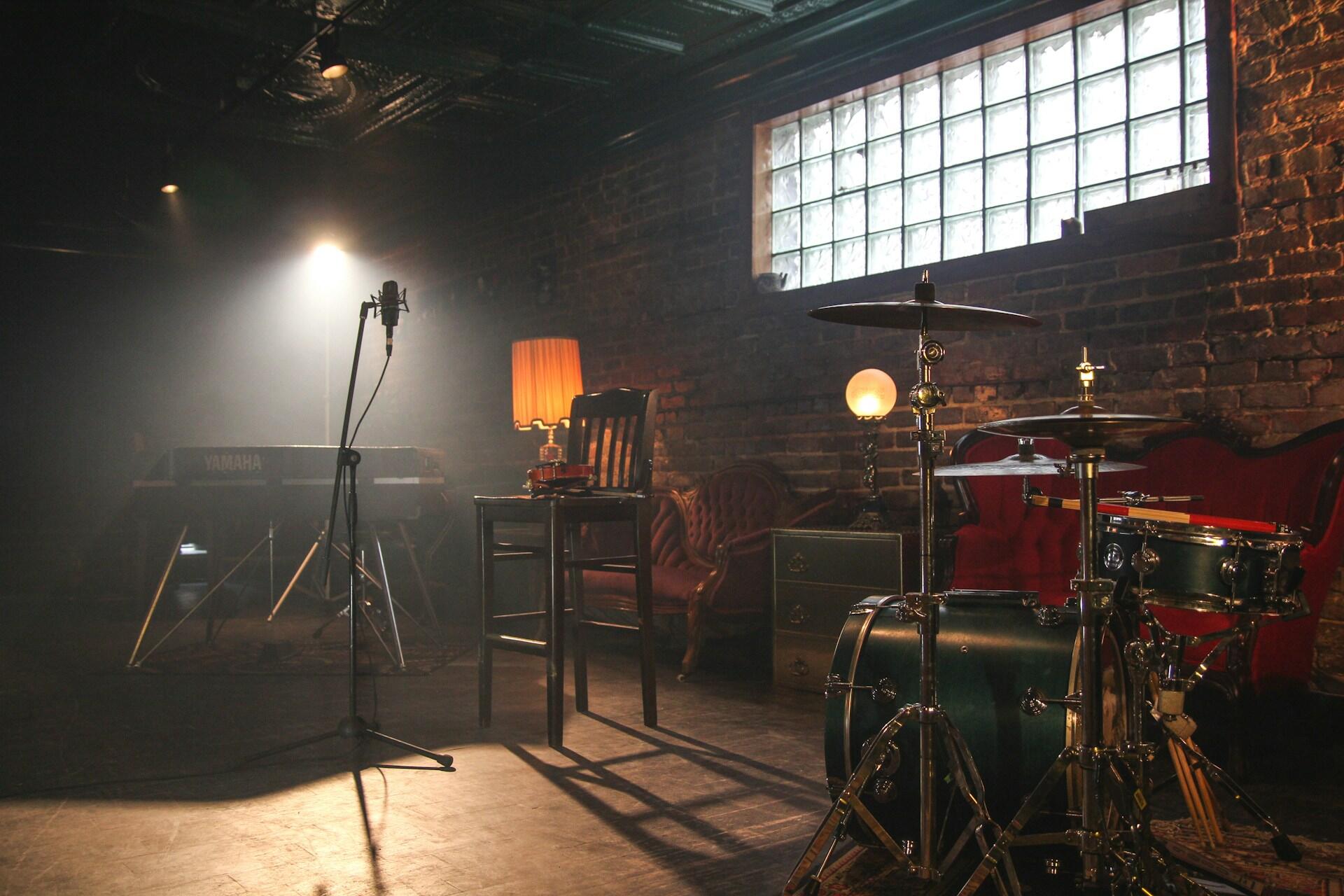 Musical instruments ready for a performance.