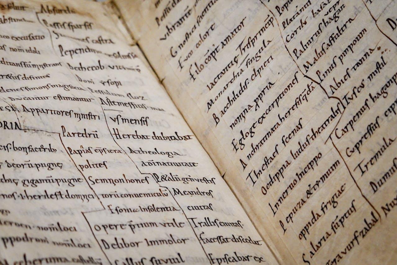 A close-up view of an ancient handwritten manuscript page featuring elaborate Latin text in a calligraphic style.