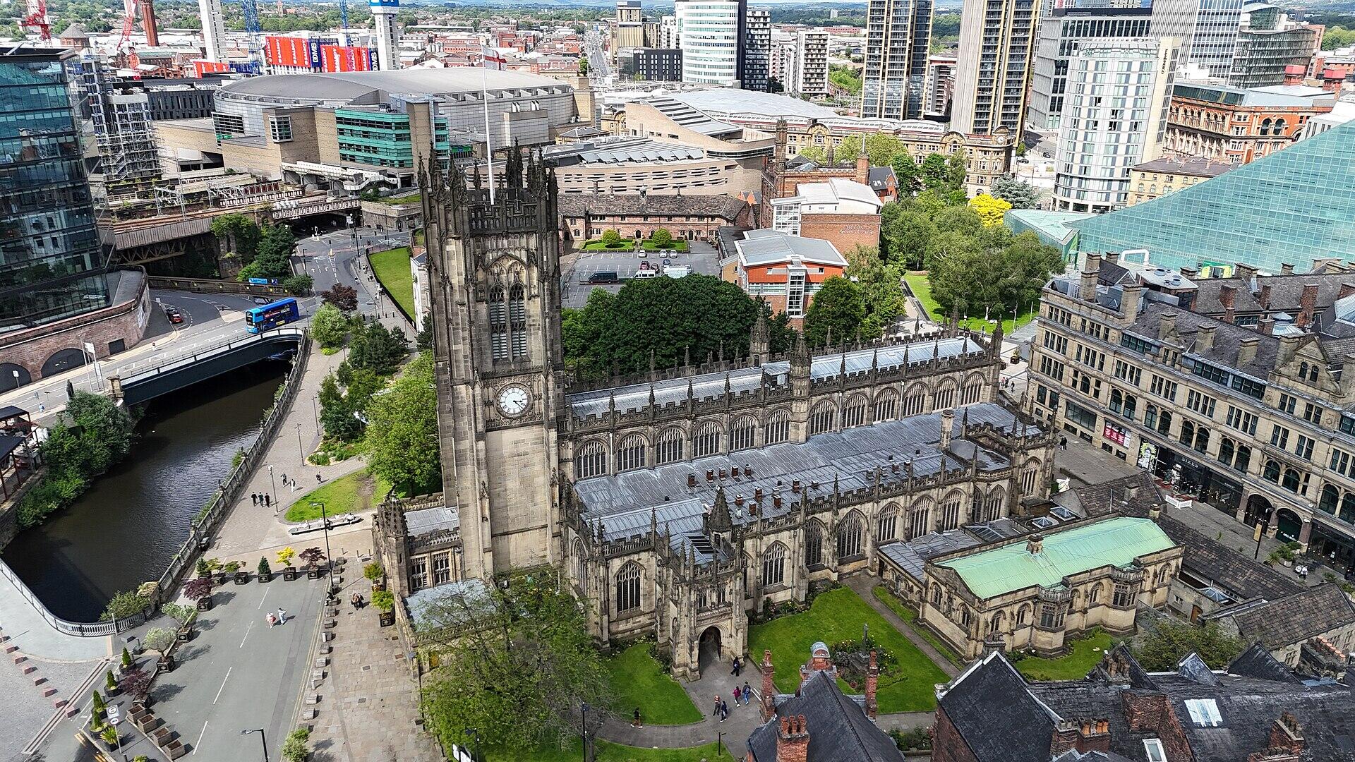 An aerial view of Manchester on a sunny day.