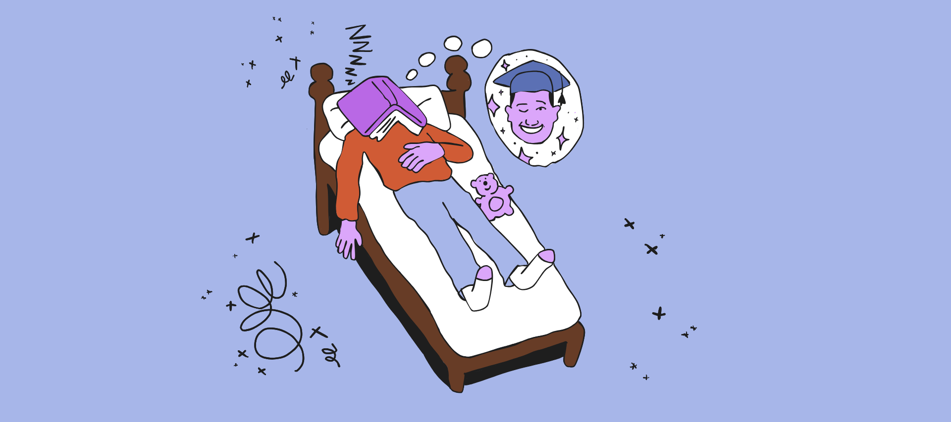 illustration of a person lying on a bed with a book over their head
