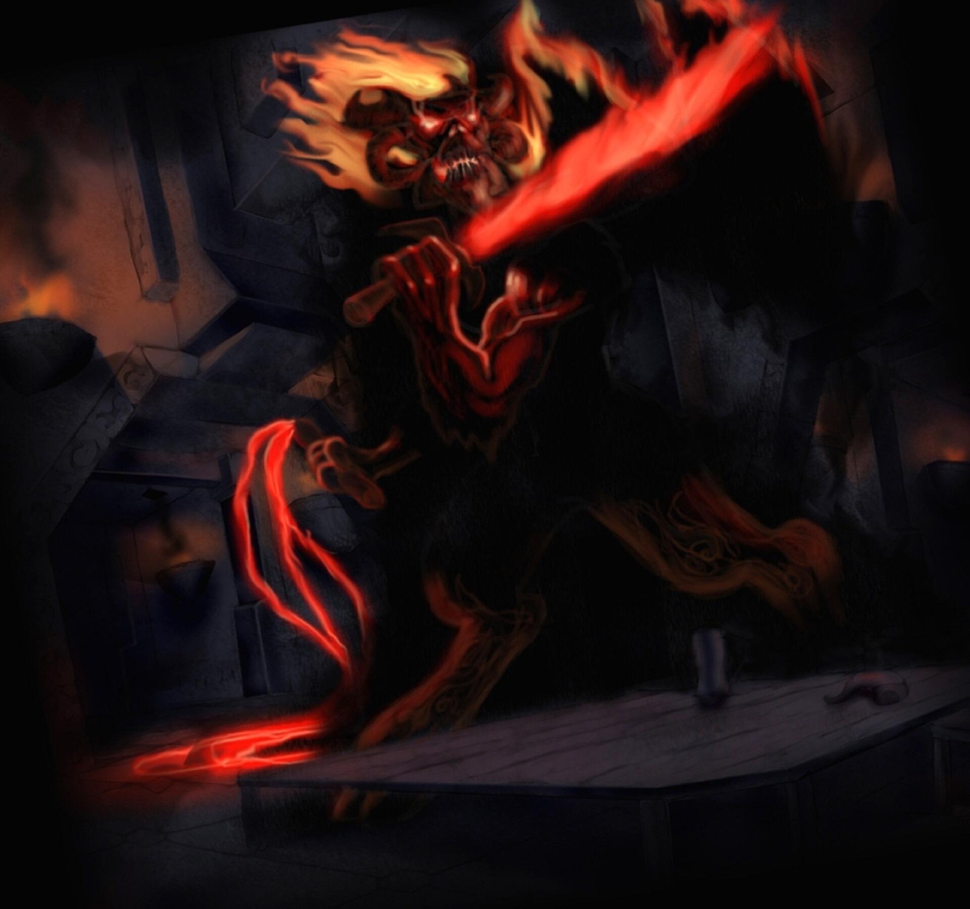 A fiery demon with a sword against a dark background.