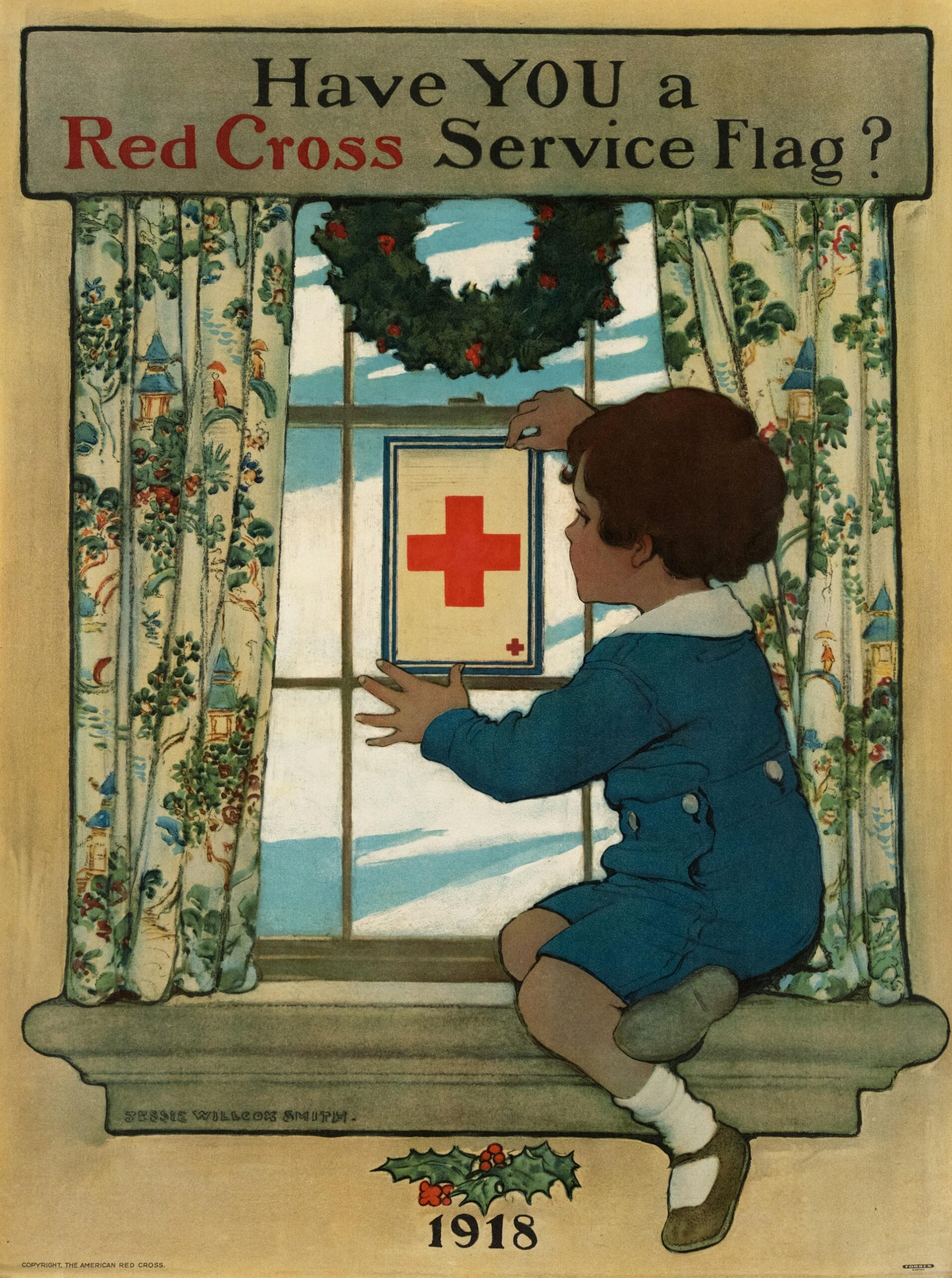 A cartoon of a child on on a windowsill next to a red cross.