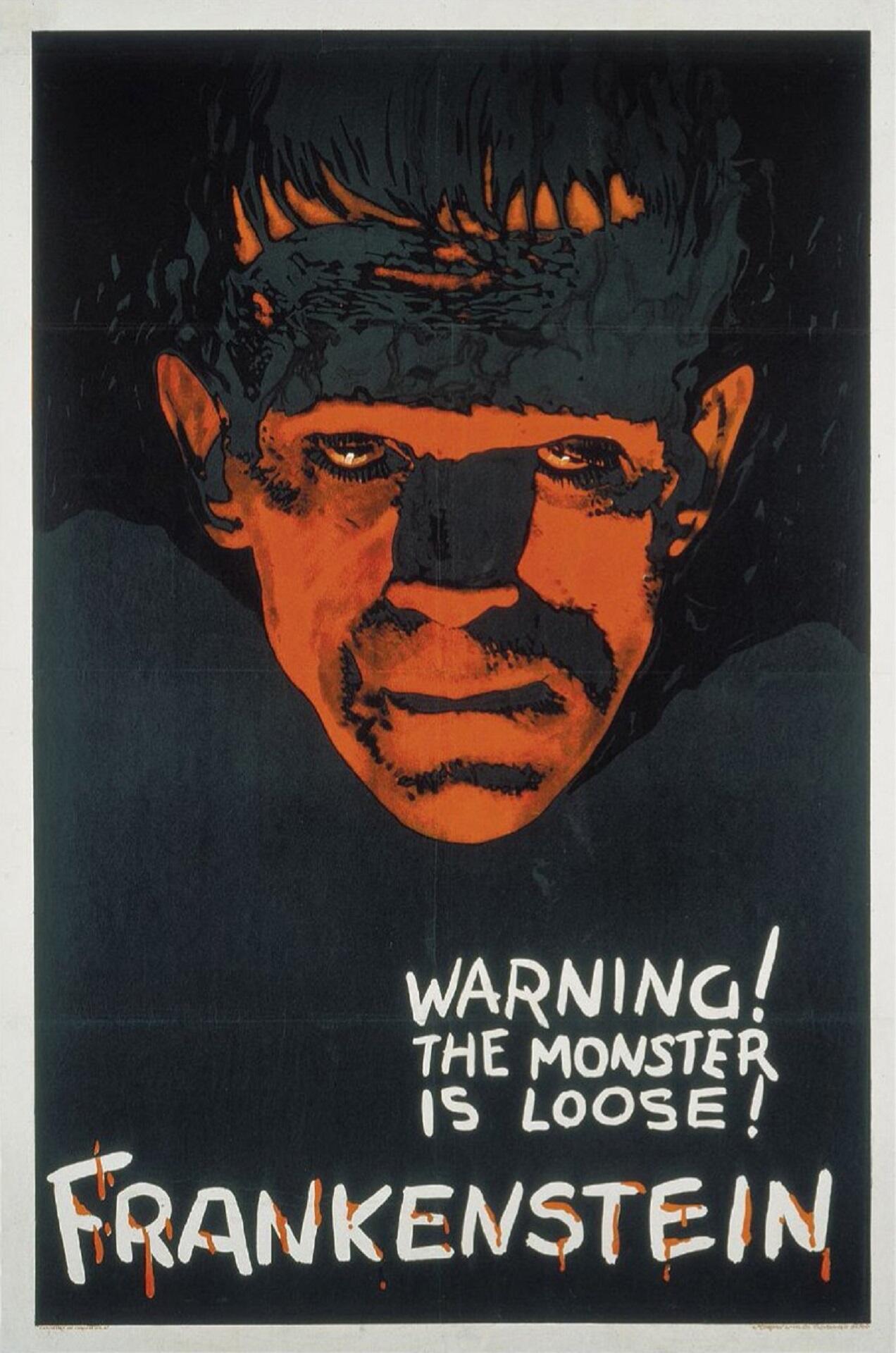 A black and orange poster showing a scary face with white writing.