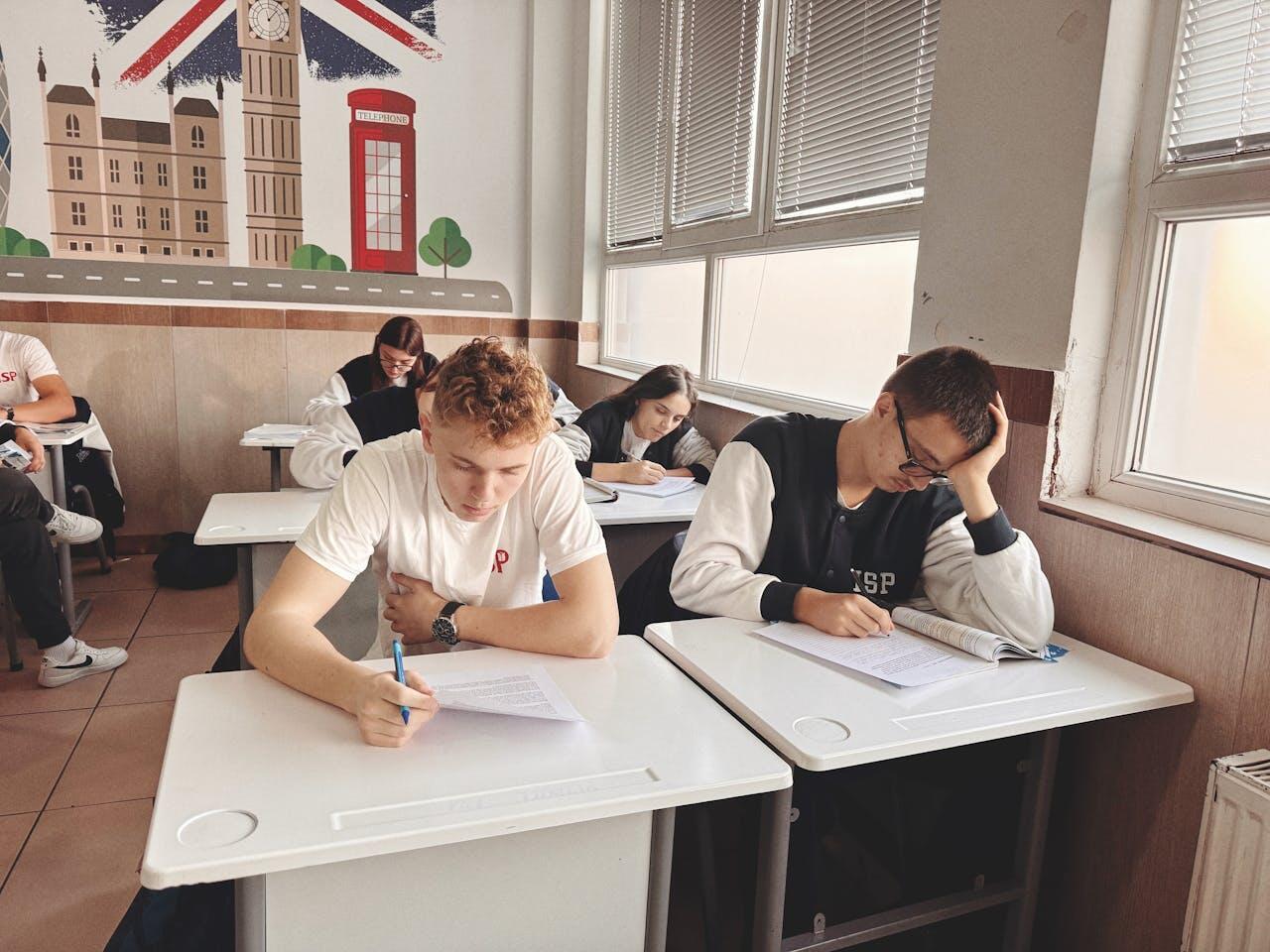 Students sit at desks, focused on their exams in a classroom decorated with a British theme, featuring iconic landmarks in the background.