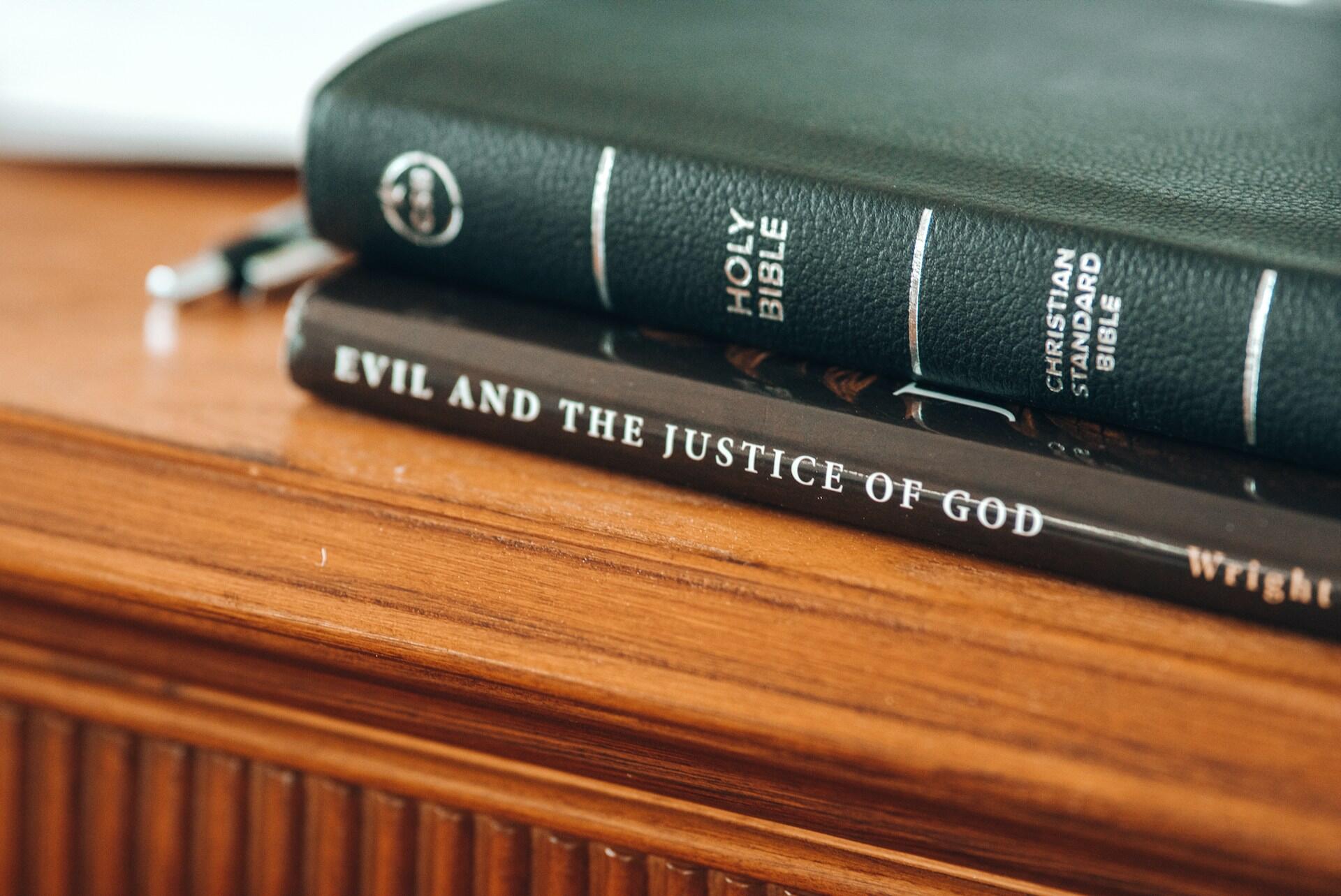Two books on a wooden surface with a pen nearby.