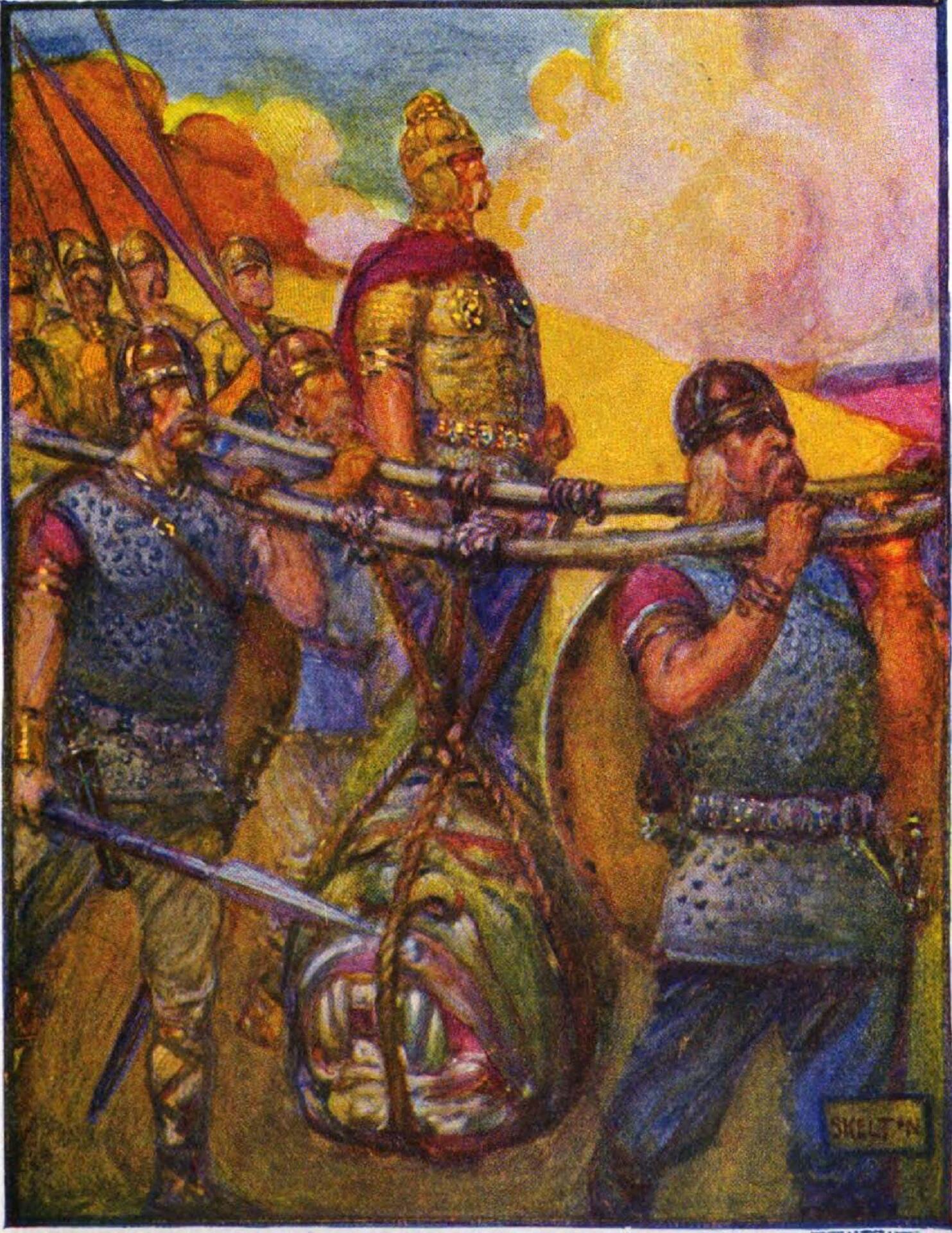 Warriors carry a monster's head.