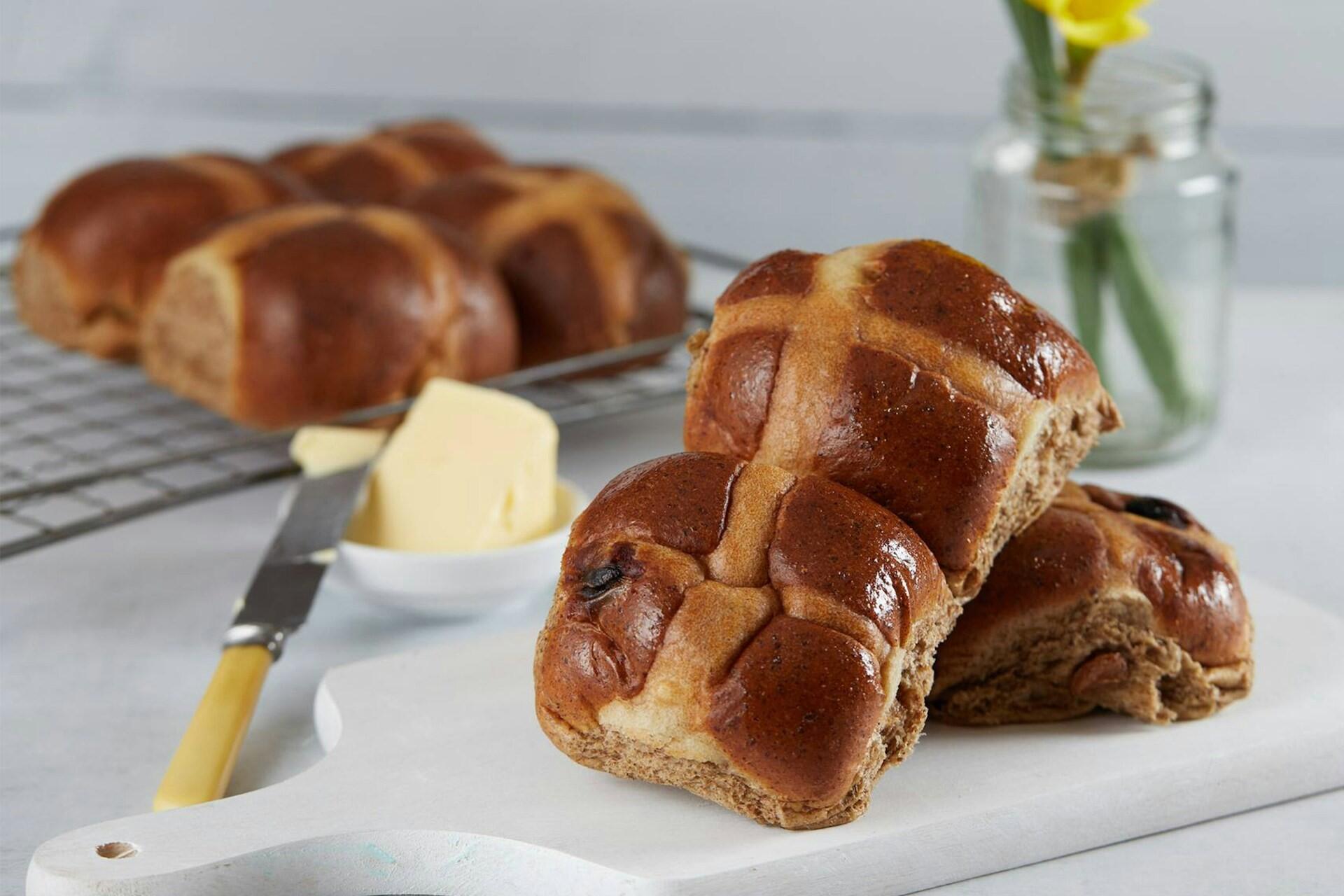 Several hot cross buns.