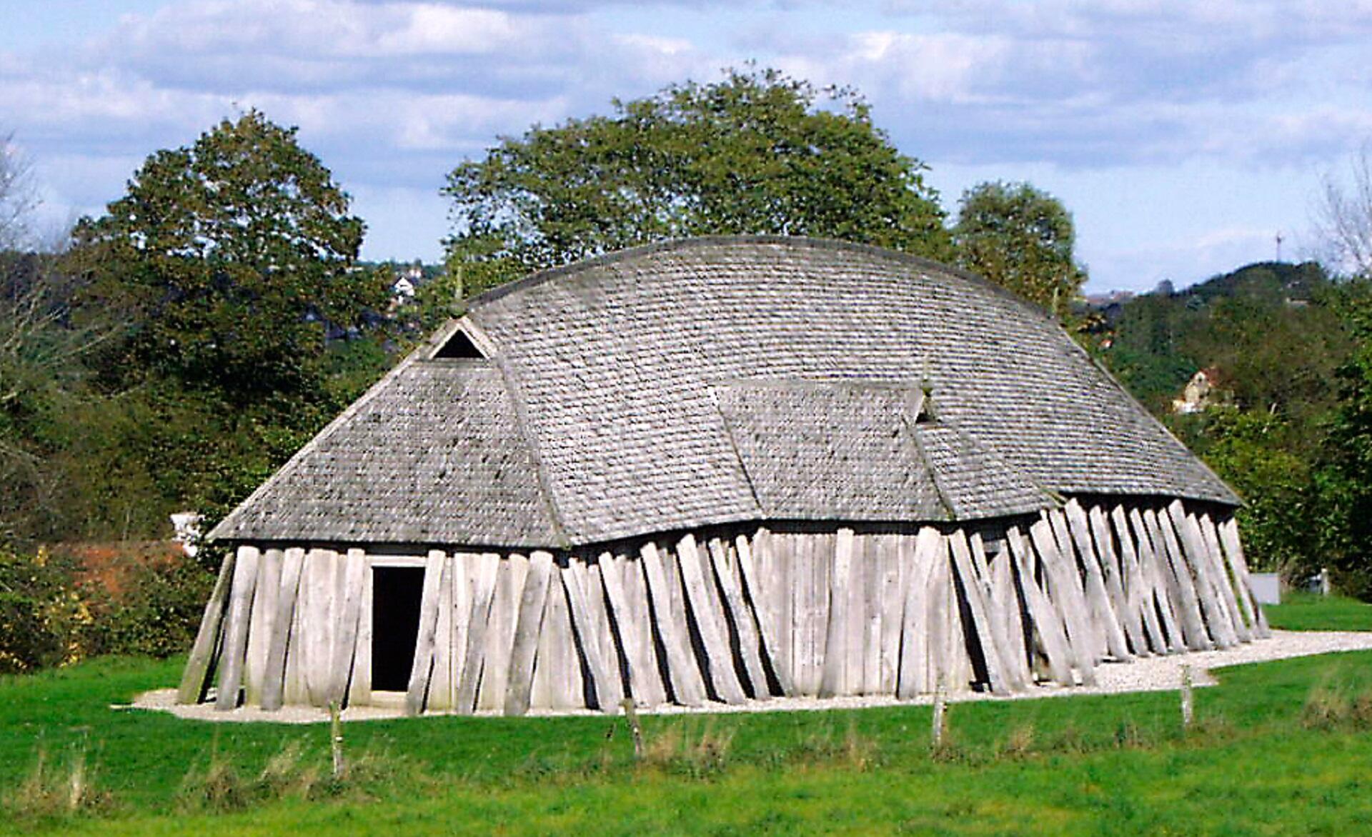 A wooden building with an arched roof in a meadow.