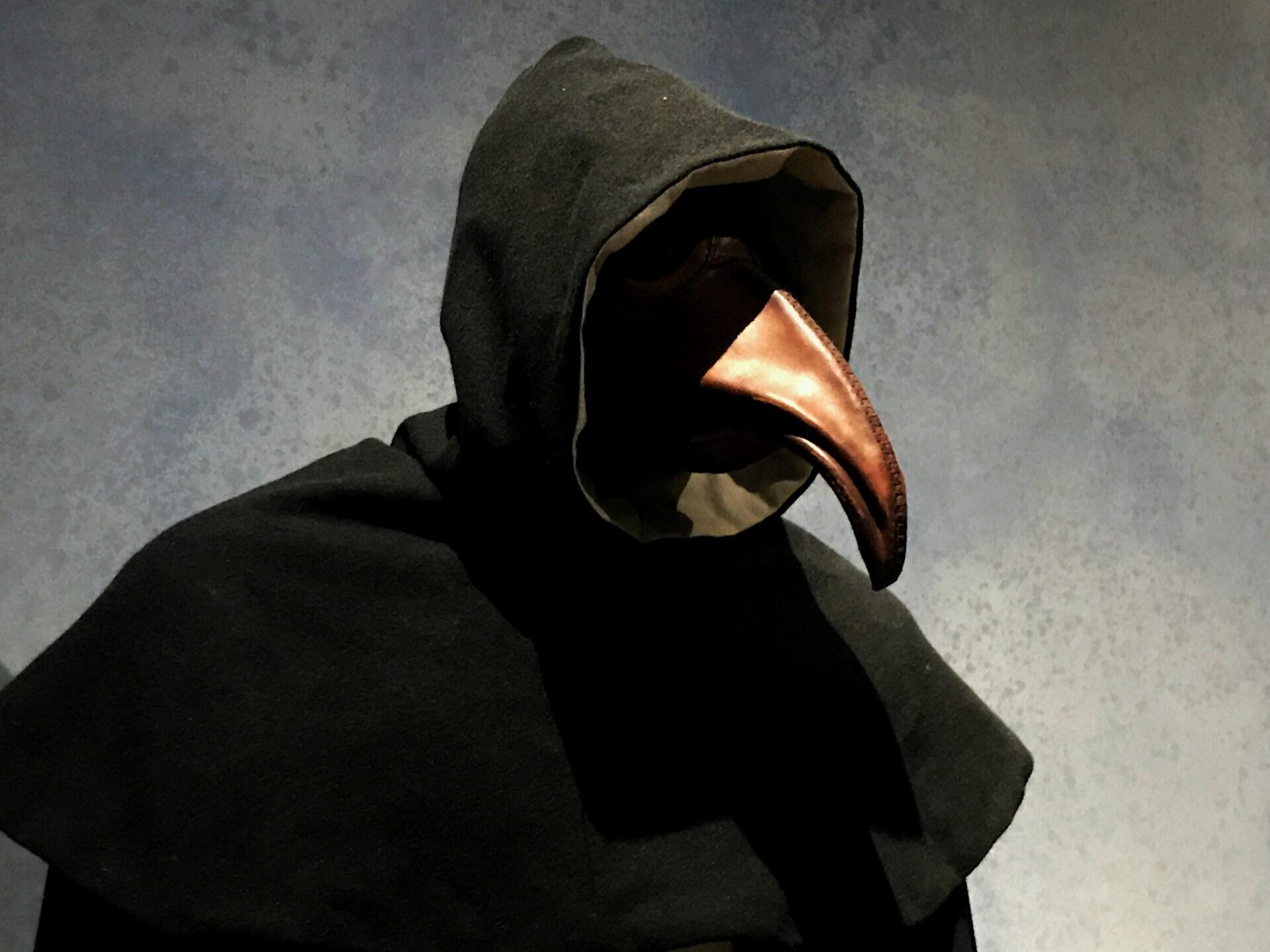 A person dressed in a dark hood with a metal beak-like mask.