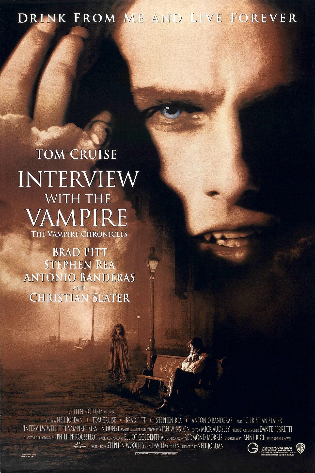 A movie poster of the 1994 movie "Interview with the Vampire" featuring Tom Cruise as the vampire Lestat de Lioncourt.