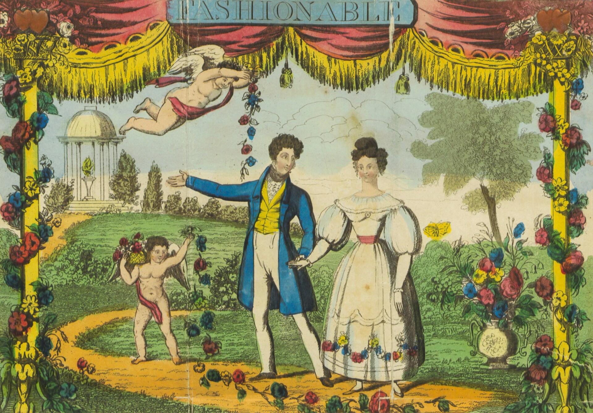A couple holds hands on a garden path with naked cherubs urging them on.