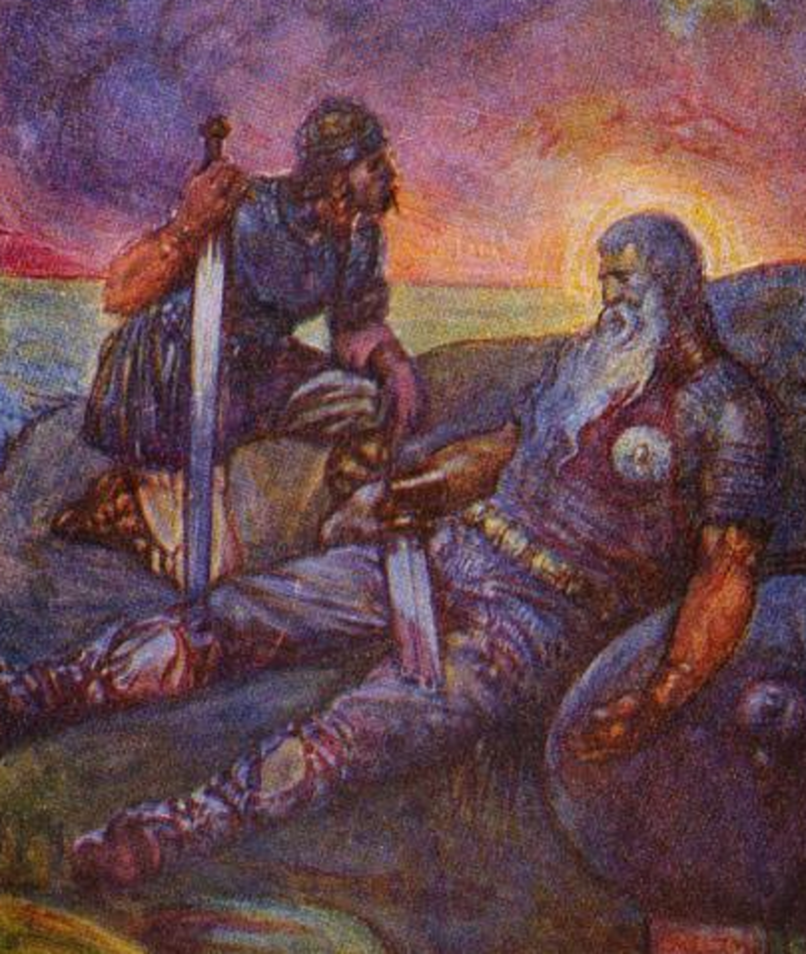 One warrior is on the ground while another kneels beside him.