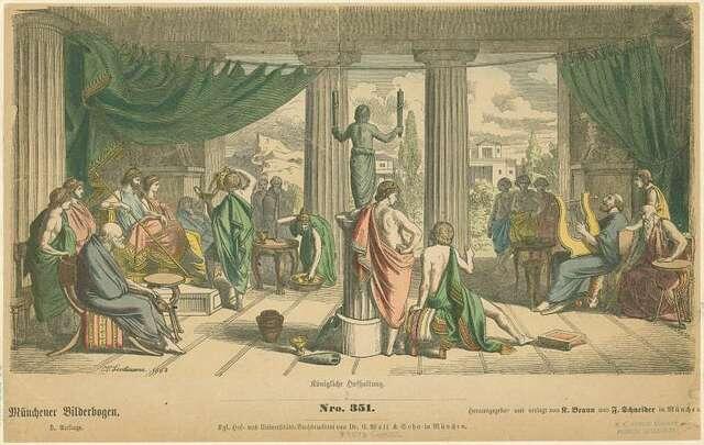 Historical illustration of a gathering in a classical setting. Figures in flowing robes are engaged in discussion around a central statue, with columns and drapery. The scene conveys a sense of scholarly debate and intellectual exchange.