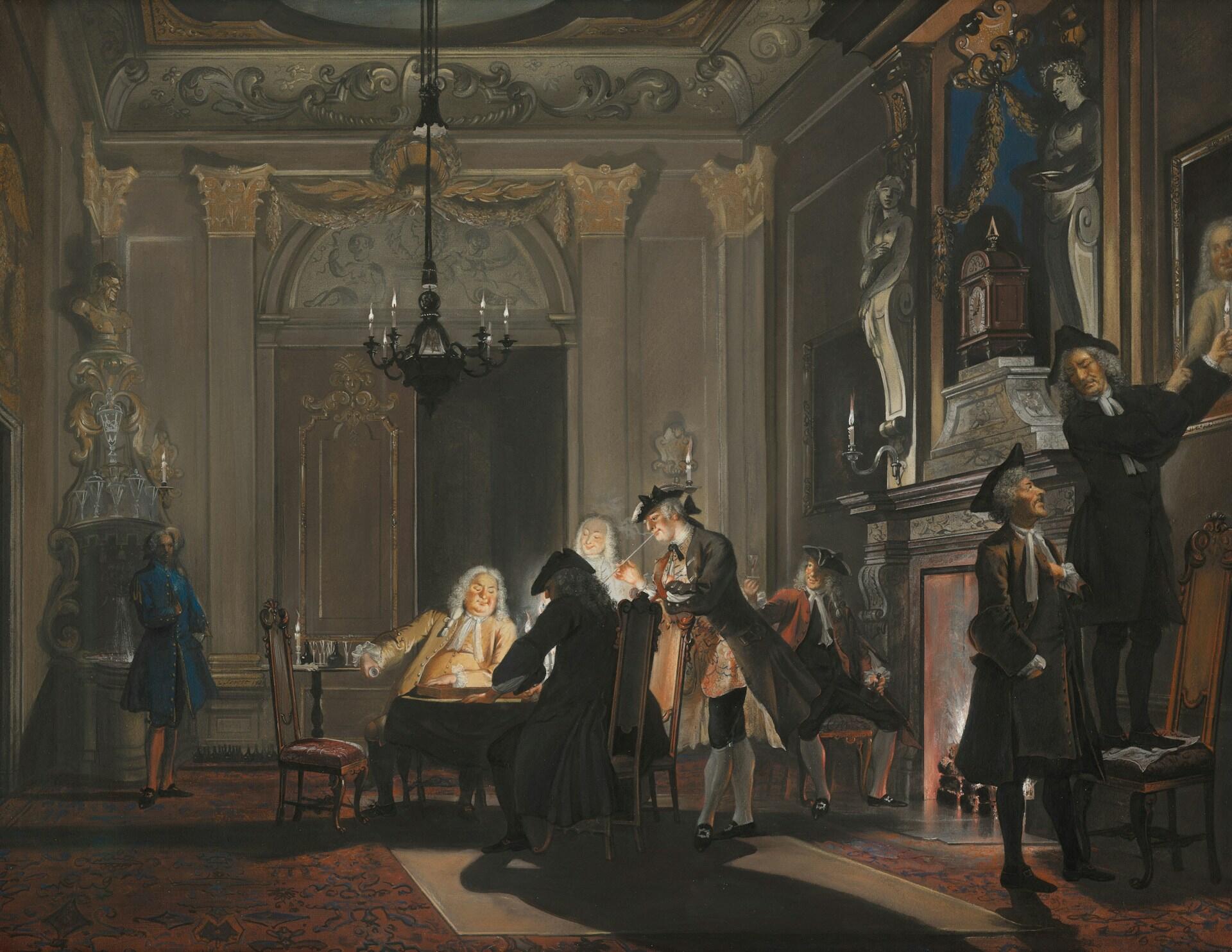 A lavishly decorated room with a chandelier, ornate furnishings, and multiple figures engaged in various activities.
