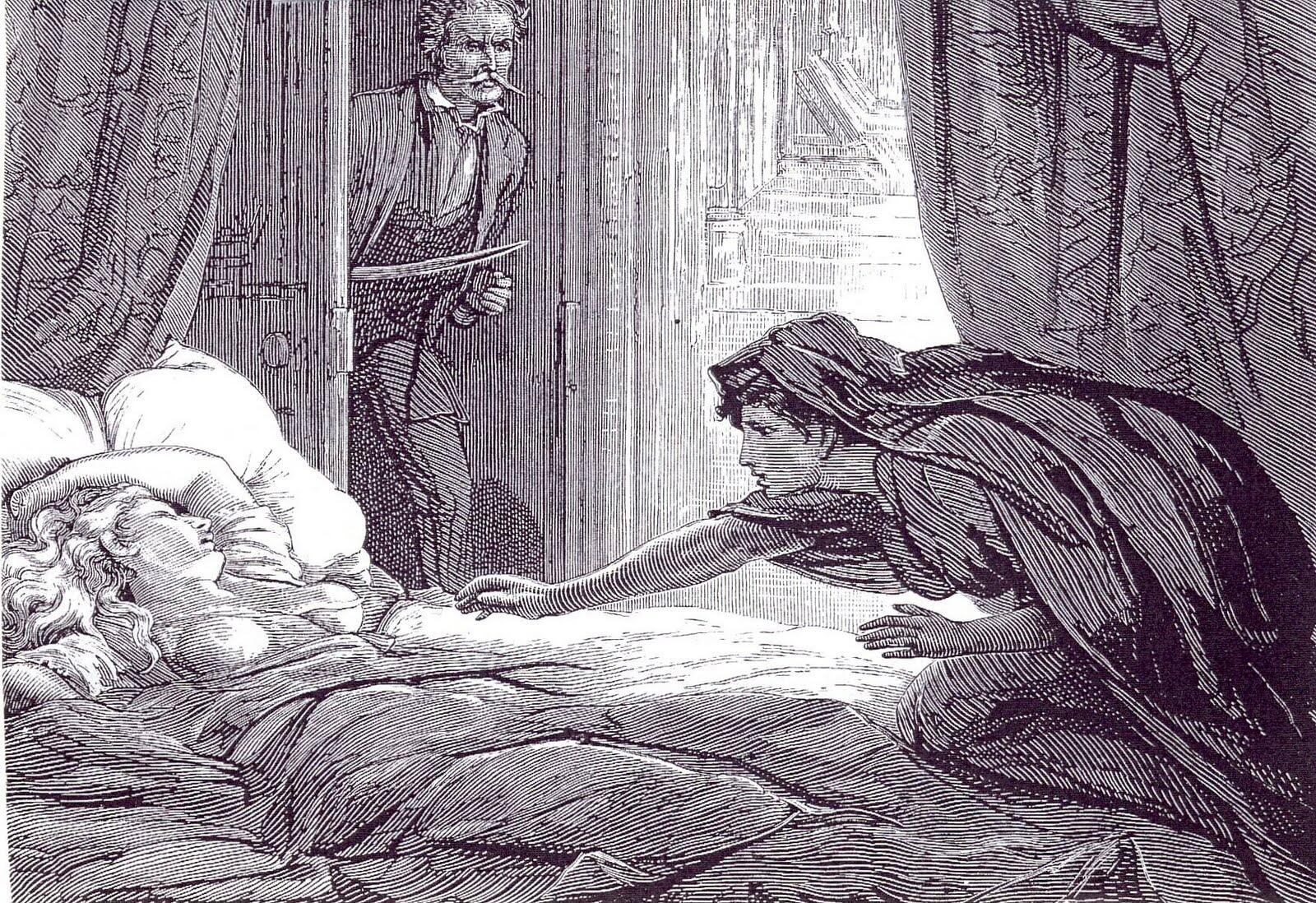 Black-and-white Victorian illustration showing Carmilla standing at the foot of Laura’s bed in the moonlit night, gazing down at her in haunting silence (from J. Sheridan Le Fanu’s “Carmilla”).