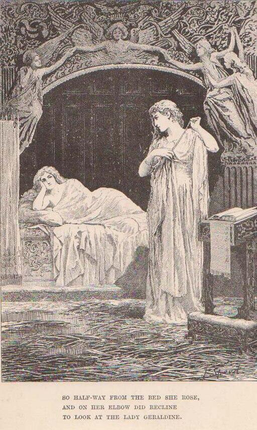 Illustration from Samuel Taylor Coleridge’s poem “Christabel,” showing Christabel lying in bed while the mysterious woman Geraldine stands beside her, partially undressed, illuminated by soft candlelight in a dimly lit chamber.