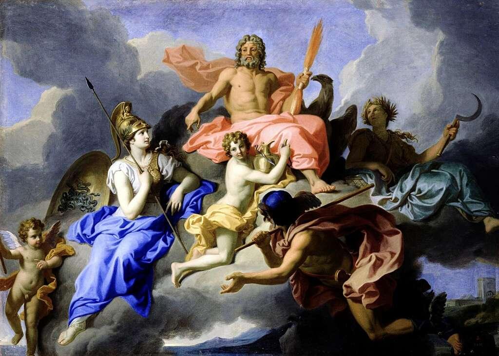 A classical painting shows mythological figures. A central bearded man sits on clouds holding a scepter, surrounded by a woman in blue and various figures, creating a scene of divine grandeur.