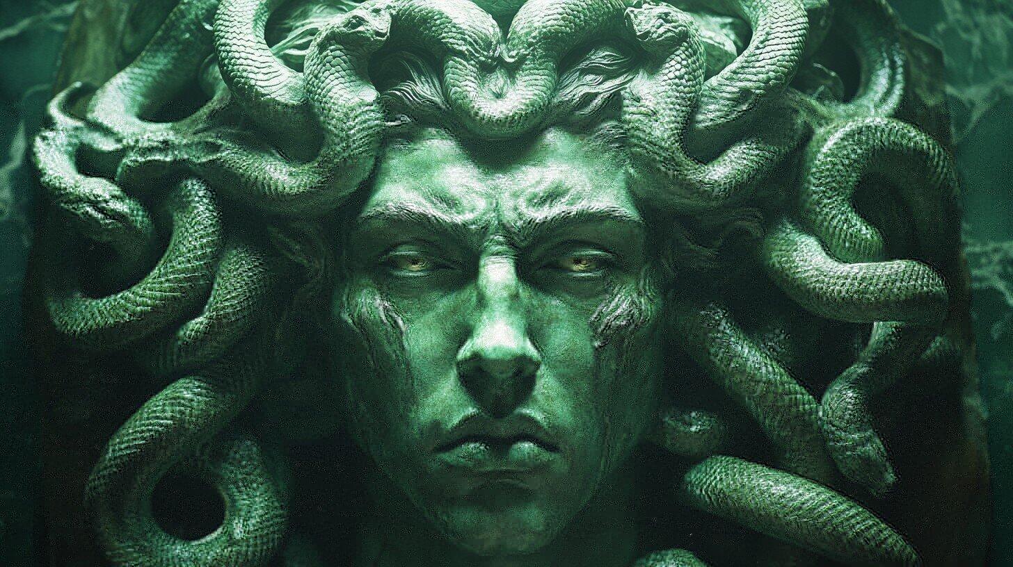 Close-up of a green, emotionless stone Medusa face with glowing eyes. Her hair is composed of lifelike snakes, creating an eerie, intense atmosphere.