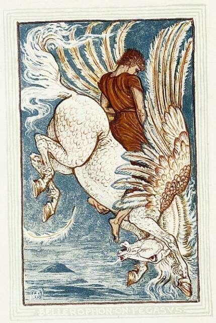 Bellerophon rides Pegasus, a winged horse, soaring above the sea, depicted in an intricate, colorful illustration.
