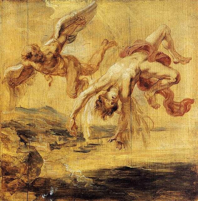 Two figures are falling from the sky against a golden-brown background, evoking drama and movement. One has blurred wings, suggesting mythology.