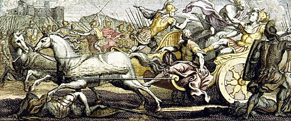 A battle scene with warriors in armor riding chariots and horses, raising weapons. The background shows a fortress, conveying chaos and intensity.