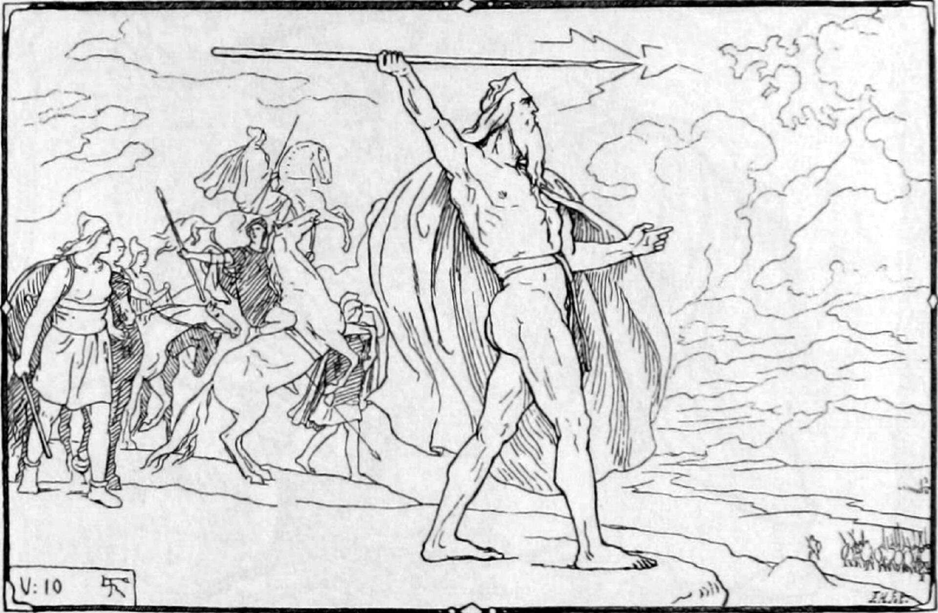 A pencil sketch of a nearly nude man chucking a spear while others look on.