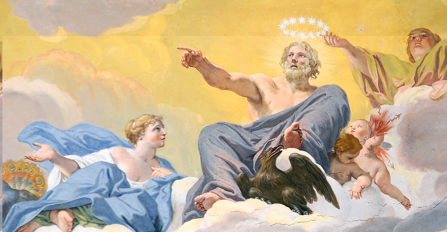 A classical painting depicts a serene, bearded figure on clouds, pointing toward the distance, surrounded by cherubs and symbolic animals, under a celestial glow.
