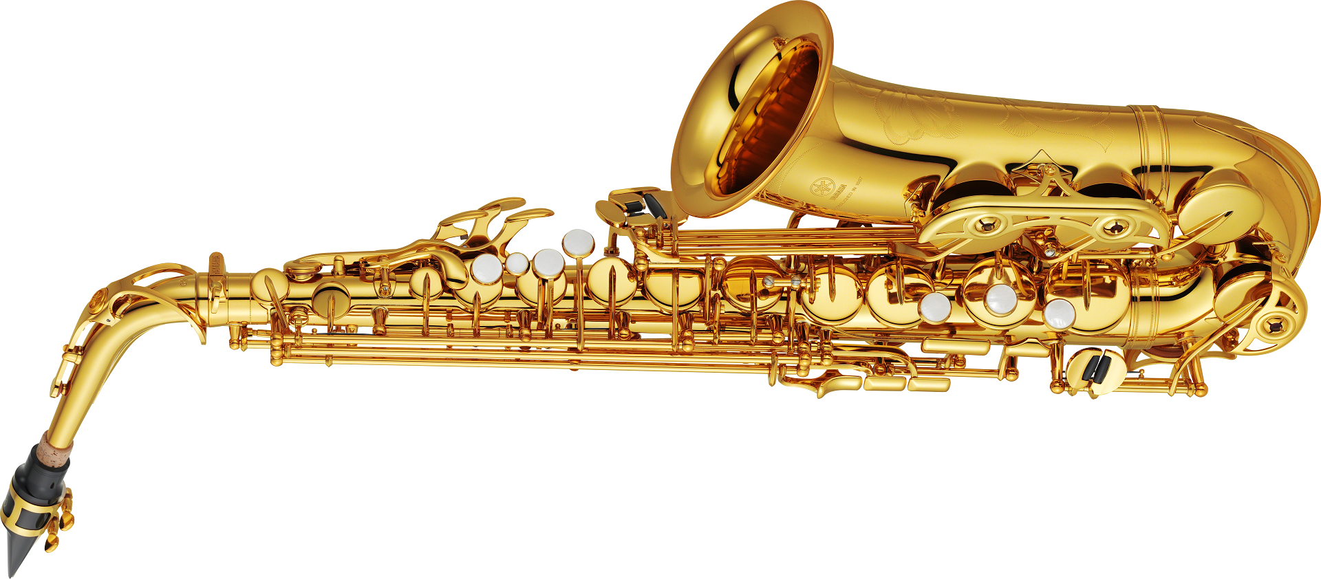 A saxophone lying horizontally.