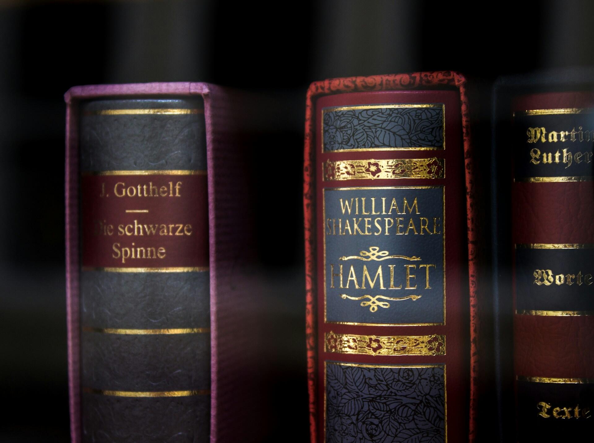 a new copy of Hamlet on a bookshelf