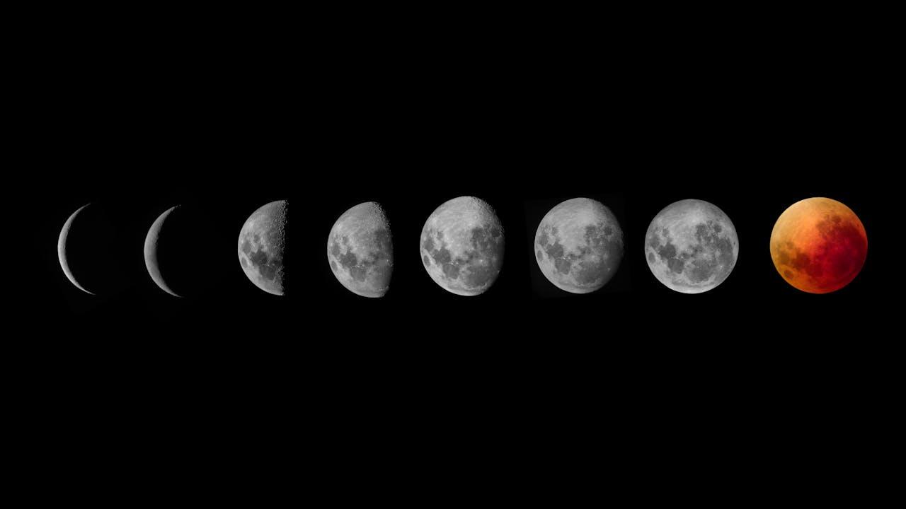 A sequence showing the phases of the moon from new moon to a red lunar eclipse against a black background.